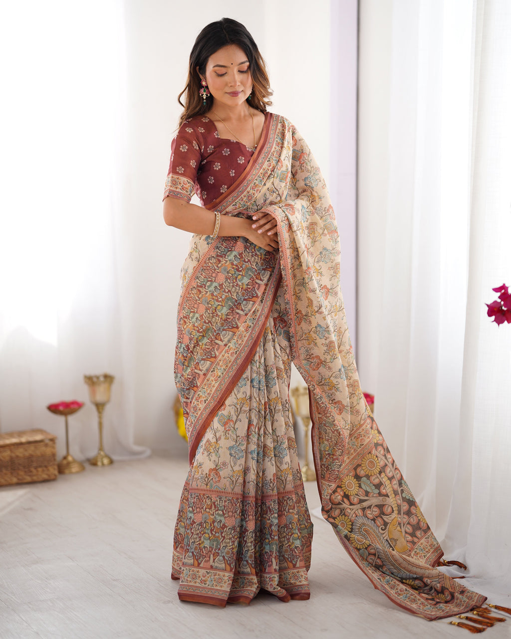 Beige & Maroon Handloom Cotton Saree with Multicolor Floral Print and Majestic Bird Art Pallu LINEN HANDLOOM