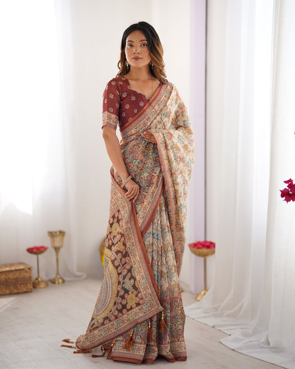 Beige & Maroon Handloom Cotton Saree with Multicolor Floral Print and Majestic Bird Art Pallu LINEN HANDLOOM