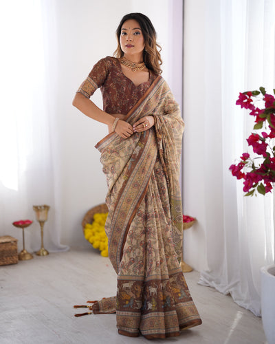 Beige & Brown Handloom Cotton Saree with Mythical Kalamkari Pallu and Elephant Motifs LINEN HANDLOOM