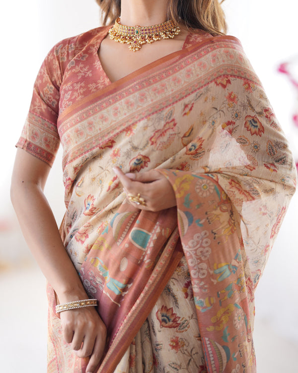 Ivory Handloom Cotton Saree with Maroon Borders, Floral Print & Royal Procession Pallu LINEN HANDLOOM