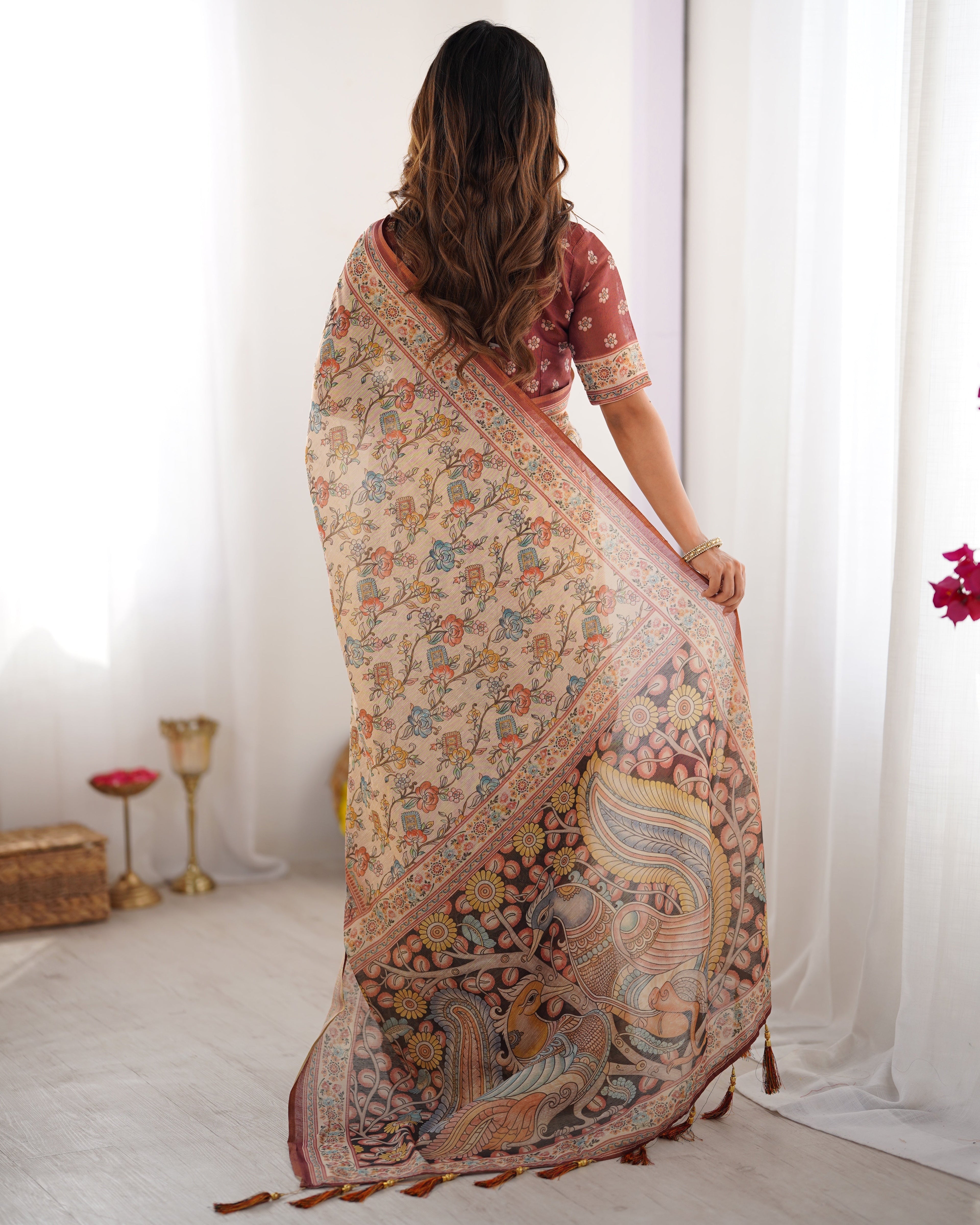Beige & Maroon Handloom Cotton Saree with Multicolor Floral Print and Majestic Bird Art Pallu LINEN HANDLOOM