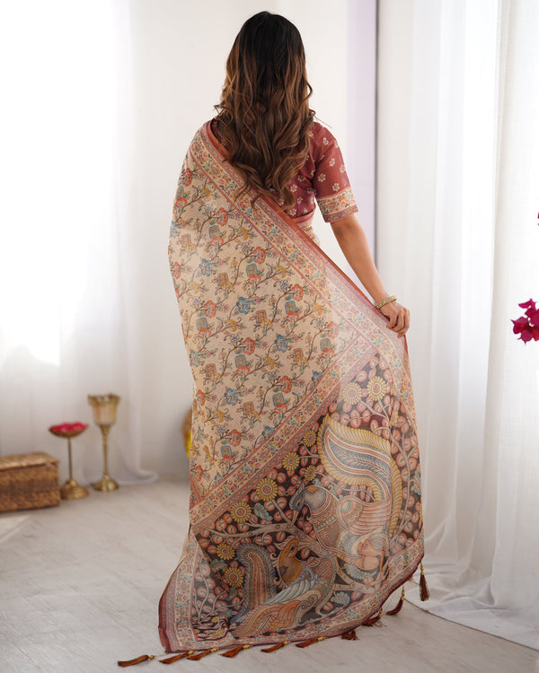 Beige & Maroon Handloom Cotton Saree with Multicolor Floral Print and Majestic Bird Art Pallu LINEN HANDLOOM