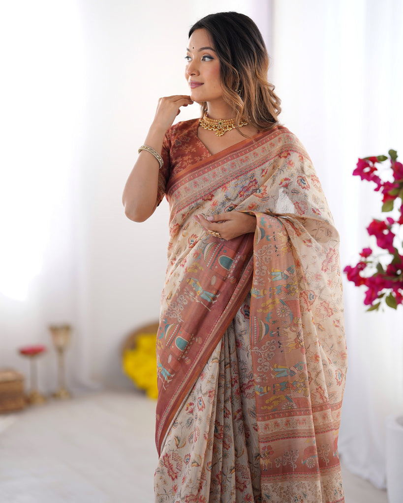 Ivory Handloom Cotton Saree with Maroon Borders, Floral Print & Royal Procession Pallu LINEN HANDLOOM