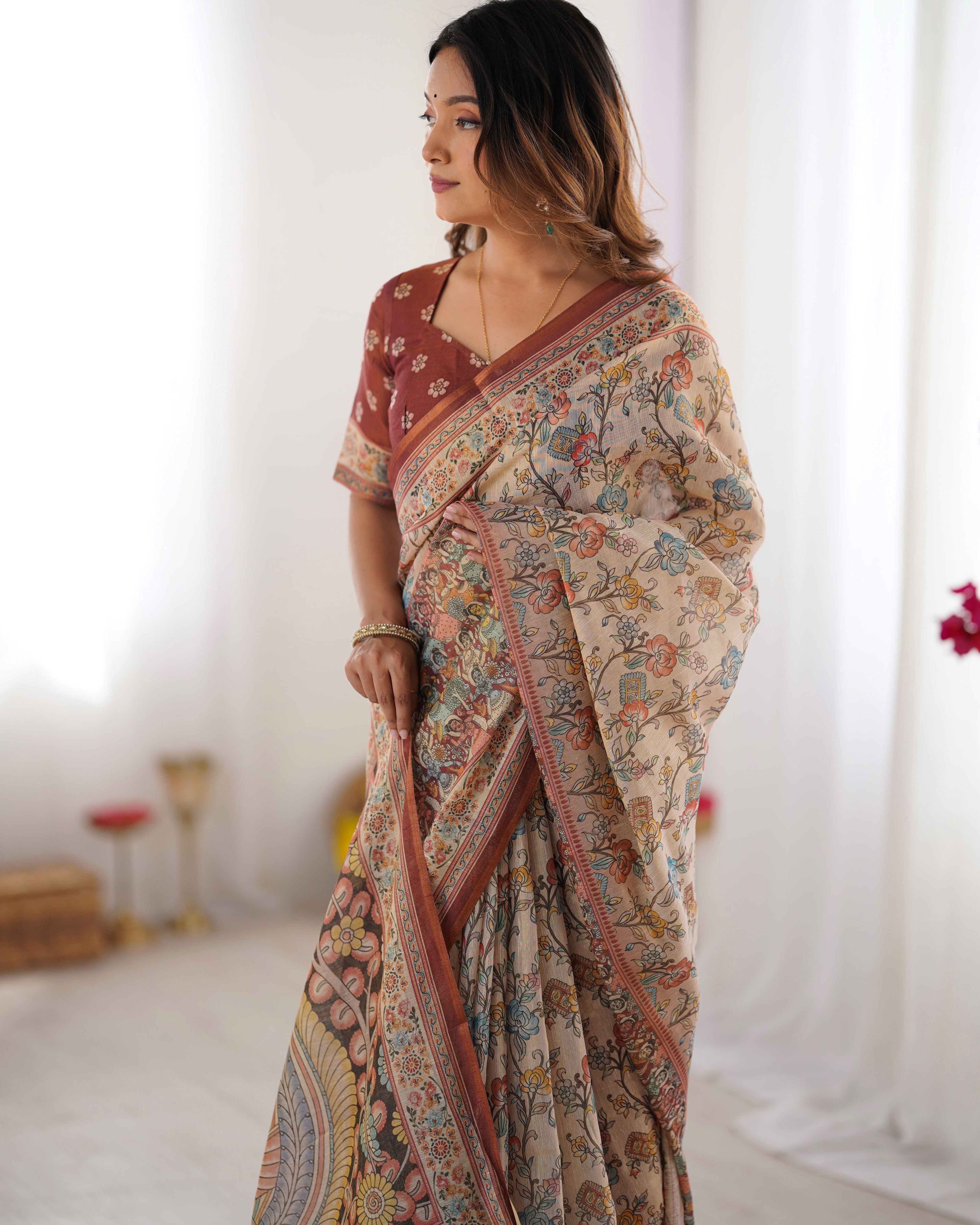 Beige & Maroon Handloom Cotton Saree with Multicolor Floral Print and Majestic Bird Art Pallu LINEN HANDLOOM
