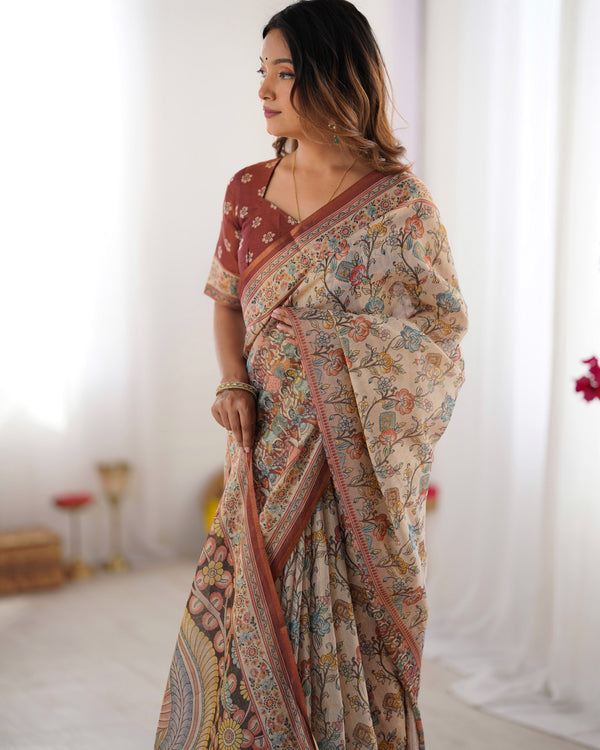 Beige & Maroon Handloom Cotton Saree with Multicolor Floral Print and Majestic Bird Art Pallu LINEN HANDLOOM