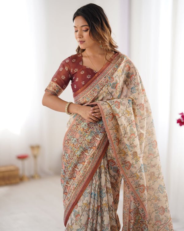 Beige & Maroon Handloom Cotton Saree with Multicolor Floral Print and Majestic Bird Art Pallu LINEN HANDLOOM