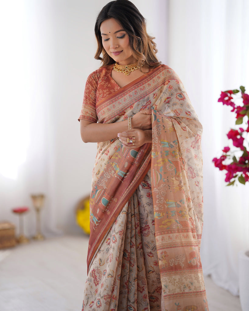 Ivory Handloom Cotton Saree with Maroon Borders, Floral Print & Royal Procession Pallu LINEN HANDLOOM