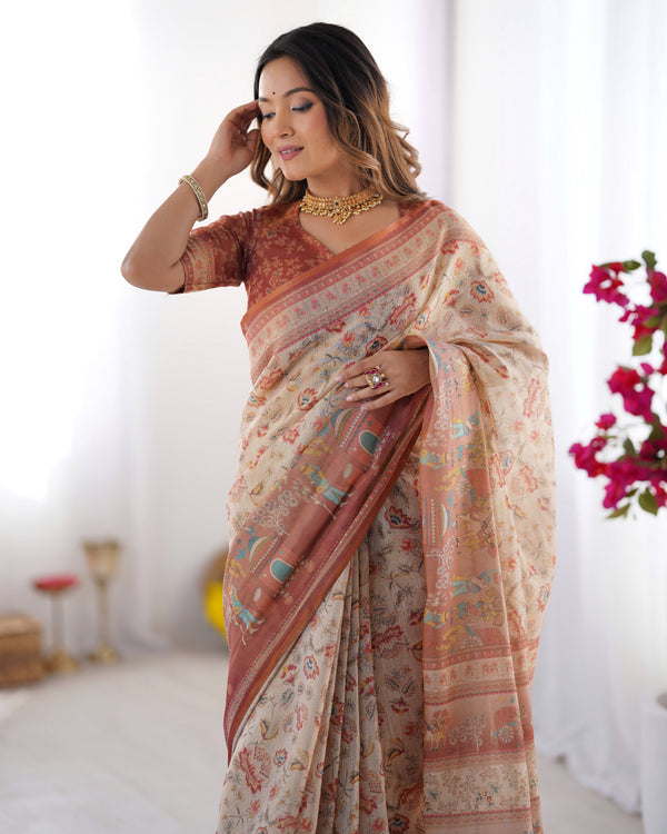 Ivory Handloom Cotton Saree with Maroon Borders, Floral Print & Royal Procession Pallu LINEN HANDLOOM