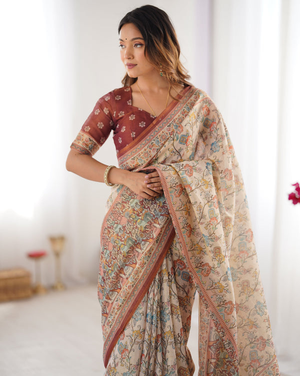 Beige & Maroon Handloom Cotton Saree with Multicolor Floral Print and Majestic Bird Art Pallu LINEN HANDLOOM