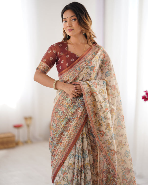 Beige & Maroon Handloom Cotton Saree with Multicolor Floral Print and Majestic Bird Art Pallu LINEN HANDLOOM