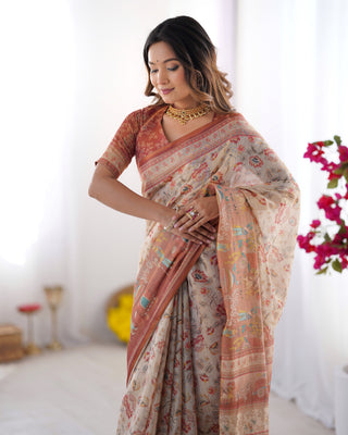 Ivory Handloom Cotton Saree with Maroon Borders, Floral Print & Royal Procession Pallu LINEN HANDLOOM