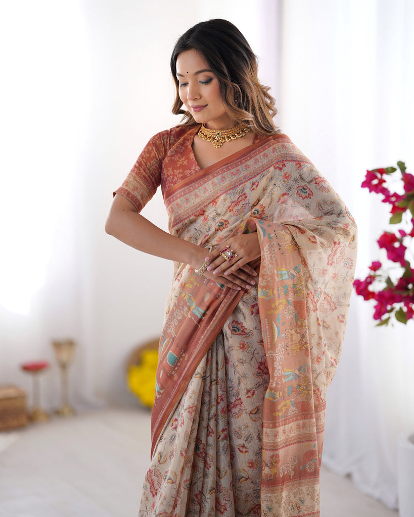 Ivory Handloom Cotton Saree with Maroon Borders, Floral Print & Royal Procession Pallu LINEN HANDLOOM