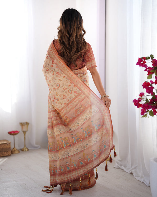 Ivory Handloom Cotton Saree with Maroon Borders, Floral Print & Royal Procession Pallu LINEN HANDLOOM
