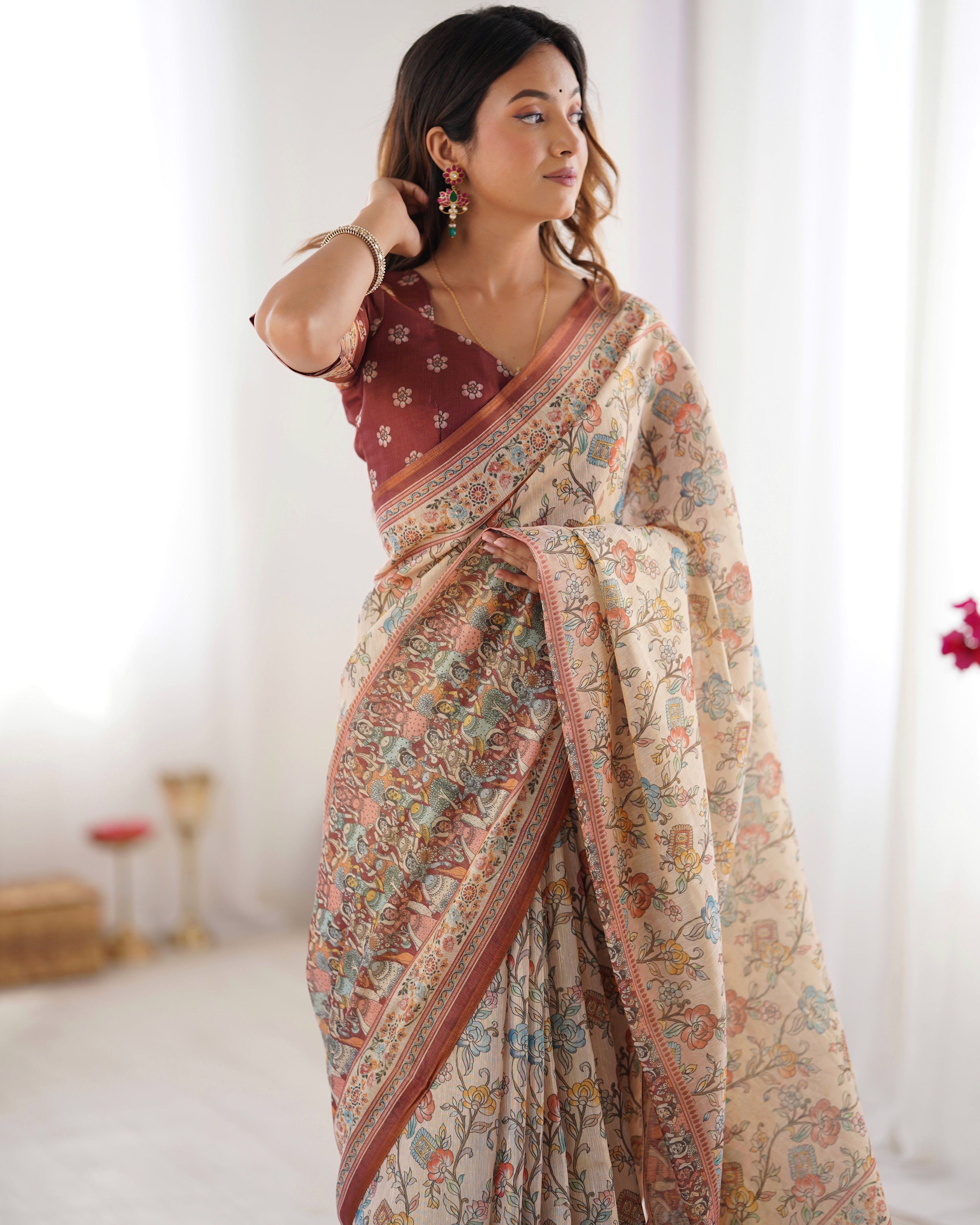 Beige & Maroon Handloom Cotton Saree with Multicolor Floral Print and Majestic Bird Art Pallu LINEN HANDLOOM