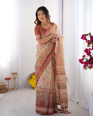 Ivory Handloom Cotton Saree with Maroon Borders, Floral Print & Royal Procession Pallu LINEN HANDLOOM