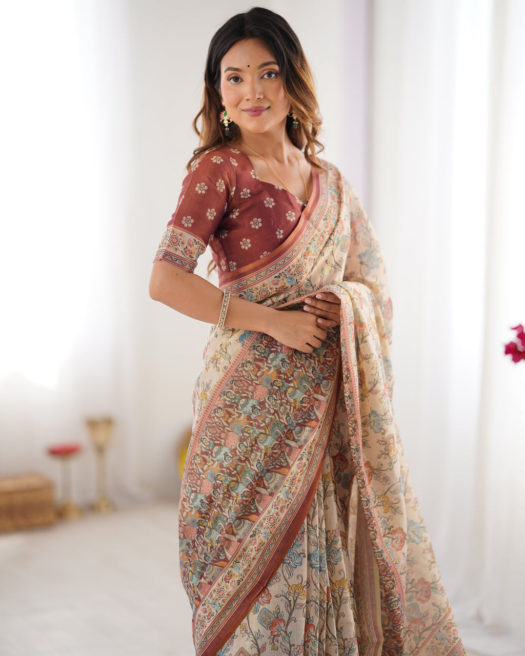 Beige & Maroon Handloom Cotton Saree with Multicolor Floral Print and Majestic Bird Art Pallu LINEN HANDLOOM