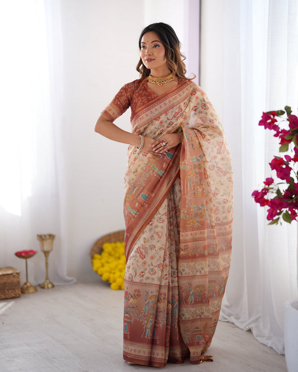 Ivory Handloom Cotton Saree with Maroon Borders, Floral Print & Royal Procession Pallu LINEN HANDLOOM