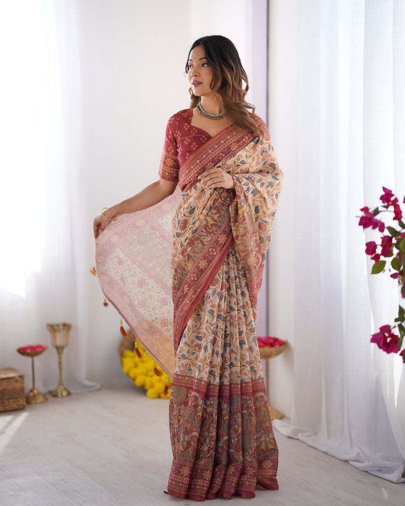 Handloom Beige Cotton Saree with Maroon Blouse, Pomegranate Floral Print & Village Tale Pallu LINEN HANDLOOM
