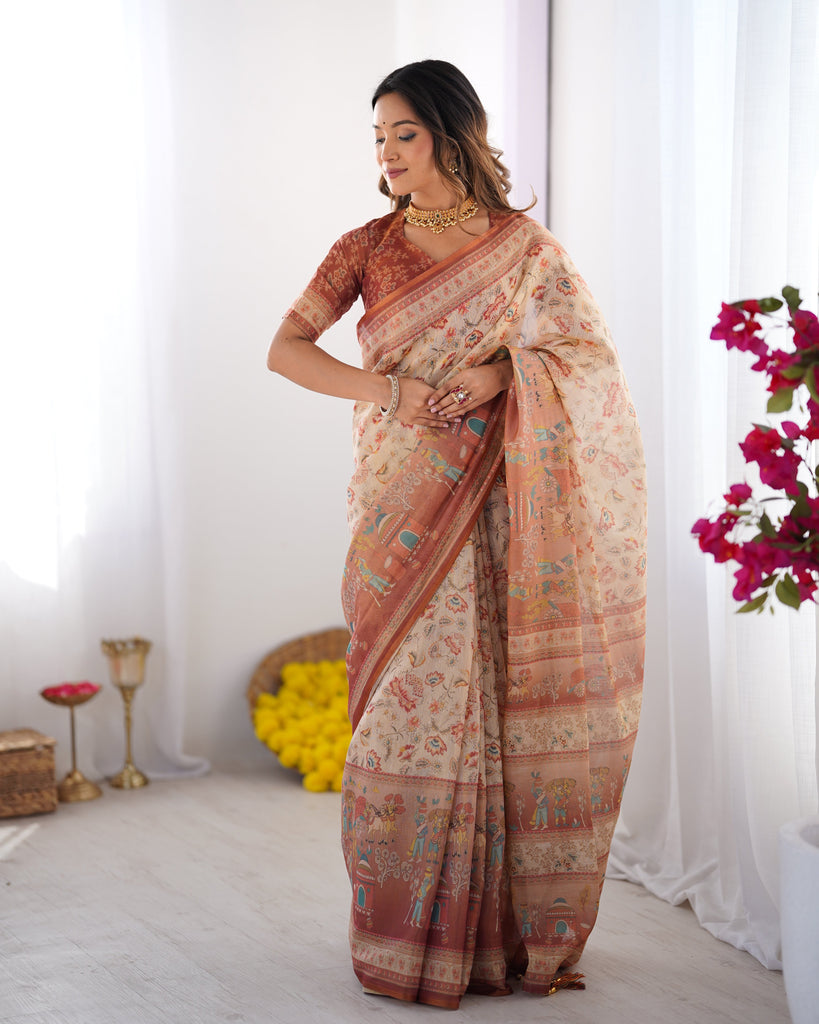 Ivory Handloom Cotton Saree with Maroon Borders, Floral Print & Royal Procession Pallu LINEN HANDLOOM