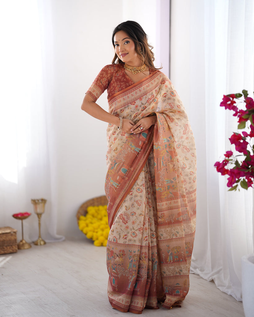 Ivory Handloom Cotton Saree with Maroon Borders, Floral Print & Royal Procession Pallu LINEN HANDLOOM