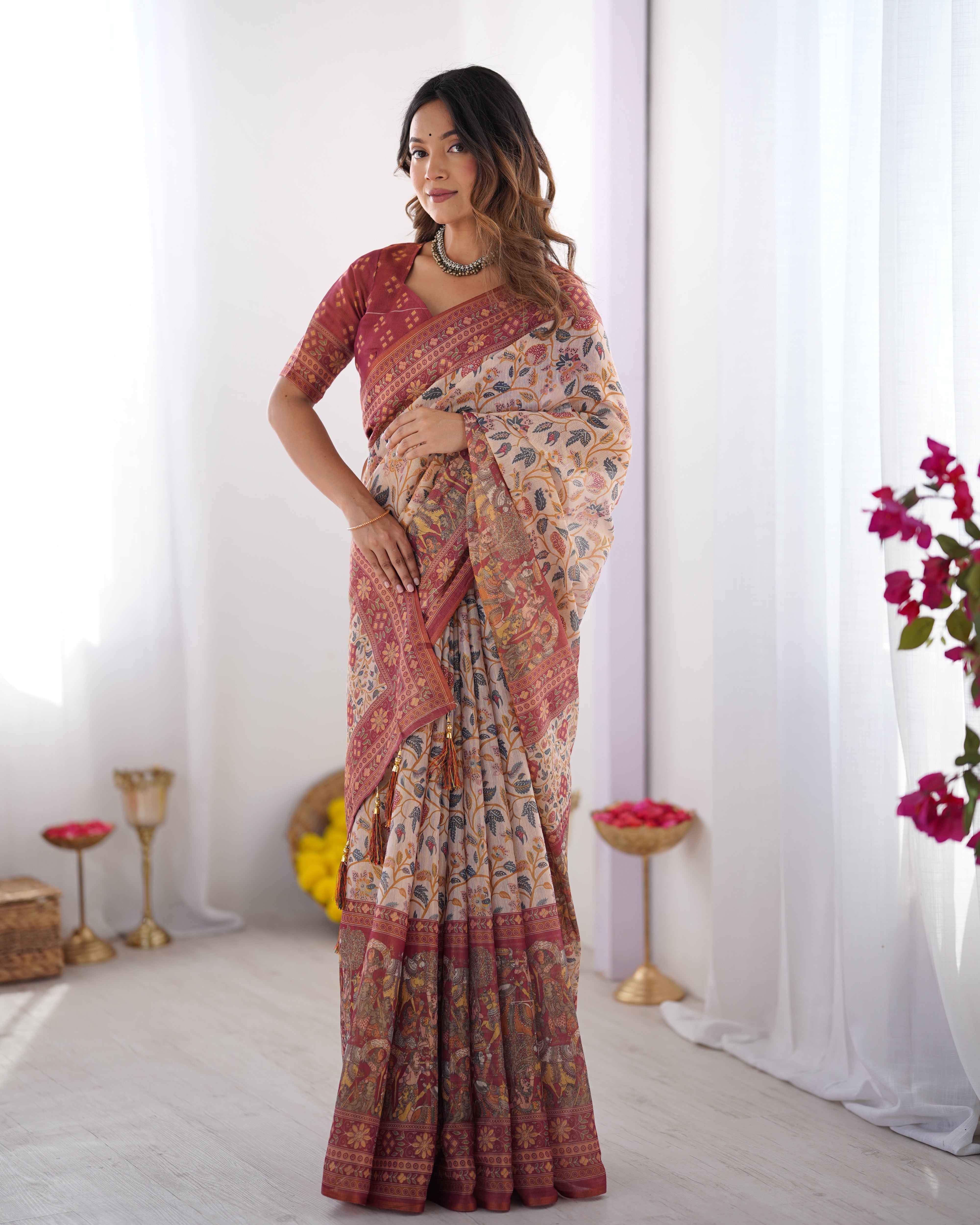 Handloom Beige Cotton Saree with Maroon Blouse, Pomegranate Floral Print & Village Tale Pallu LINEN HANDLOOM Main image