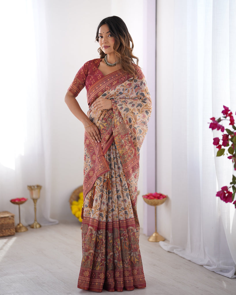 Handloom Beige Cotton Saree with Maroon Blouse, Pomegranate Floral Print & Village Tale Pallu LINEN HANDLOOM