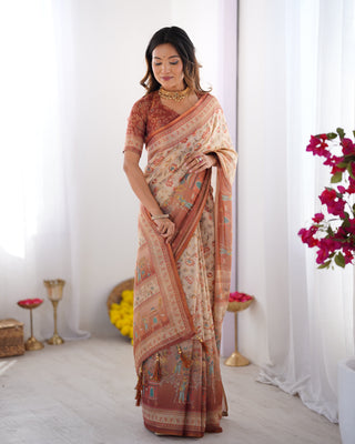 Ivory Handloom Cotton Saree with Maroon Borders, Floral Print & Royal Procession Pallu LINEN HANDLOOM