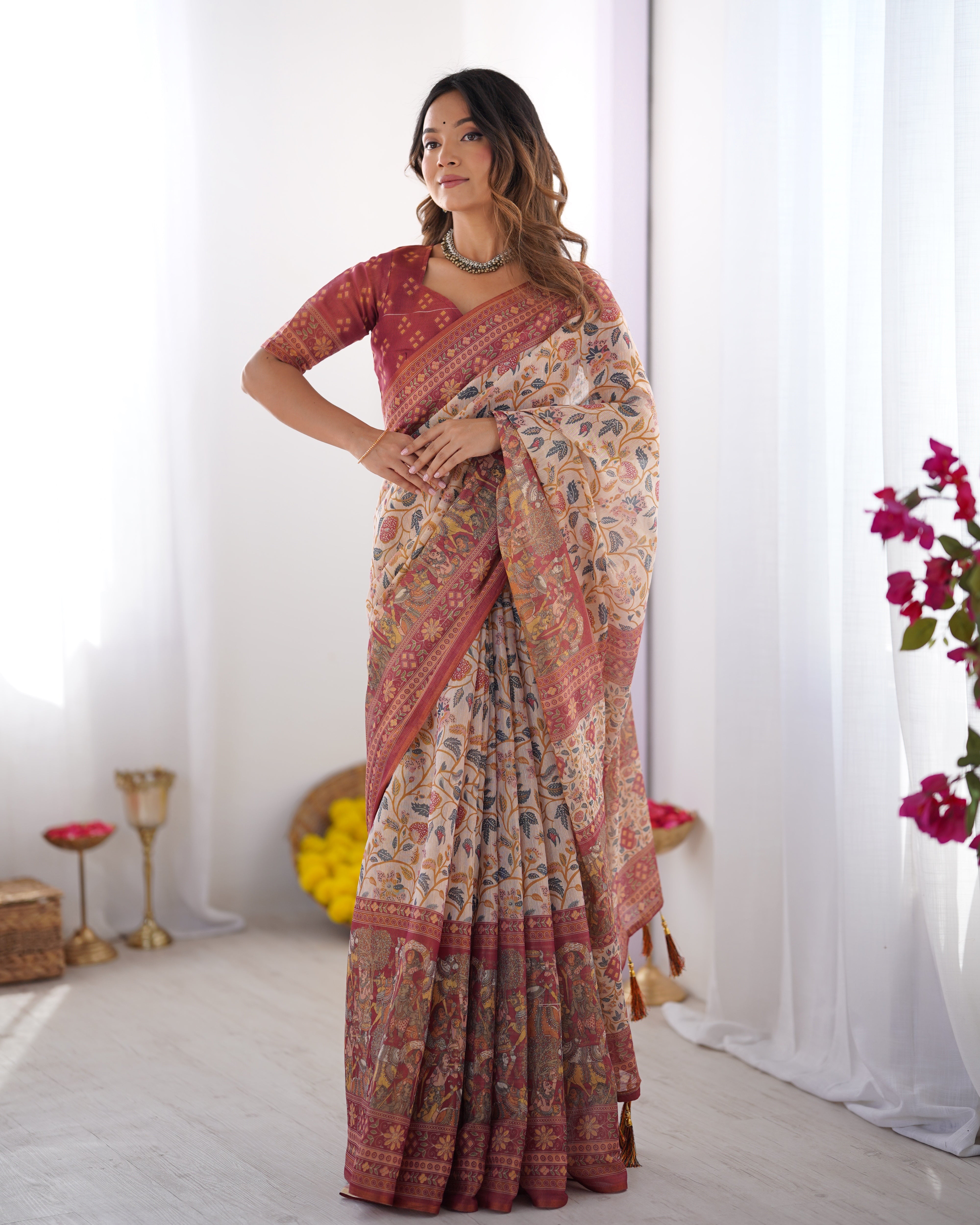 Handloom Beige Cotton Saree with Maroon Blouse, Pomegranate Floral Print & Village Tale Pallu Secondary image