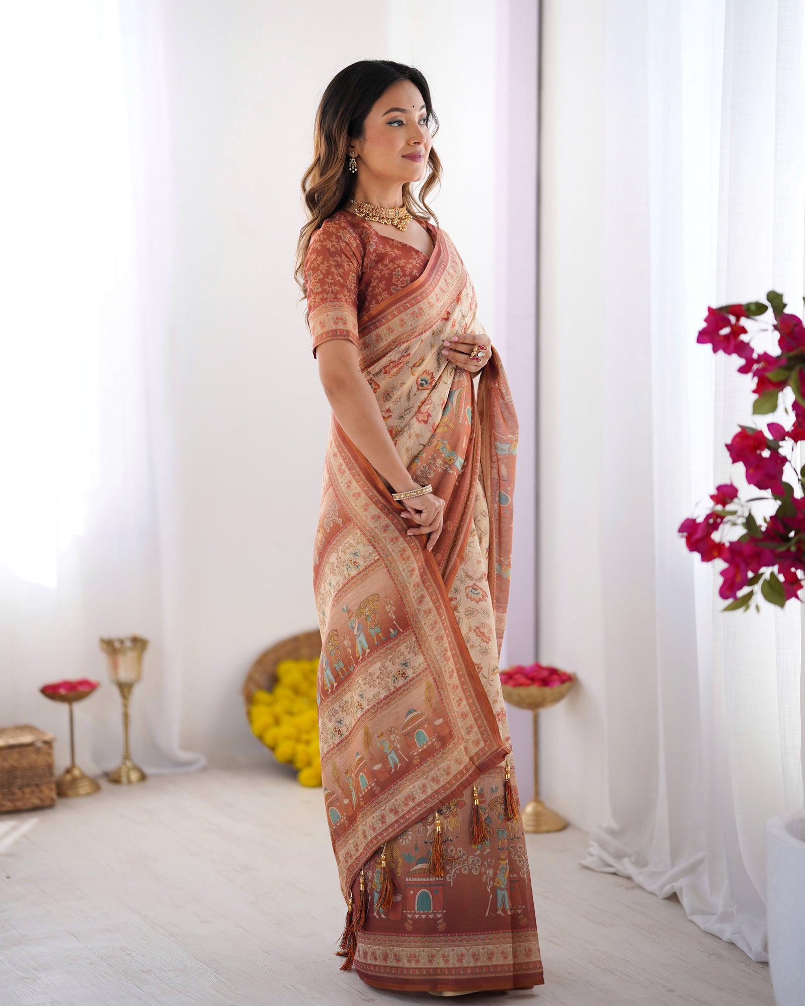 Ivory Handloom Cotton Saree with Maroon Borders, Floral Print & Royal Procession Pallu LINEN HANDLOOM