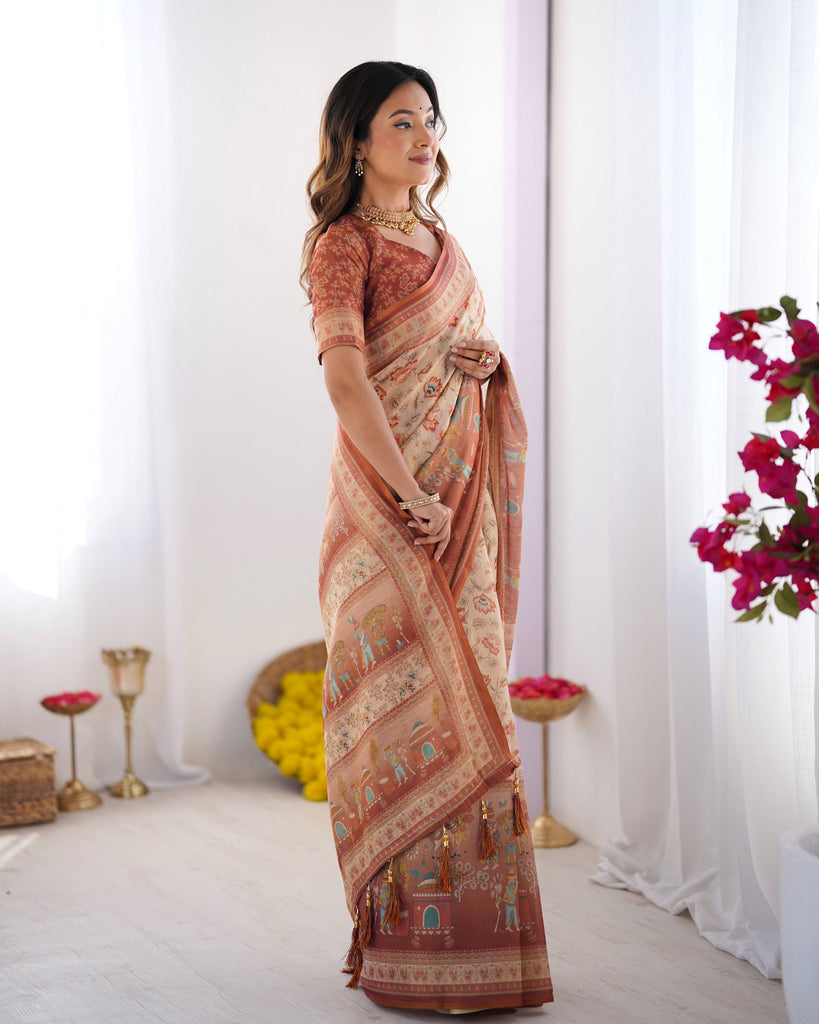 Ivory Handloom Cotton Saree with Maroon Borders, Floral Print & Royal Procession Pallu LINEN HANDLOOM