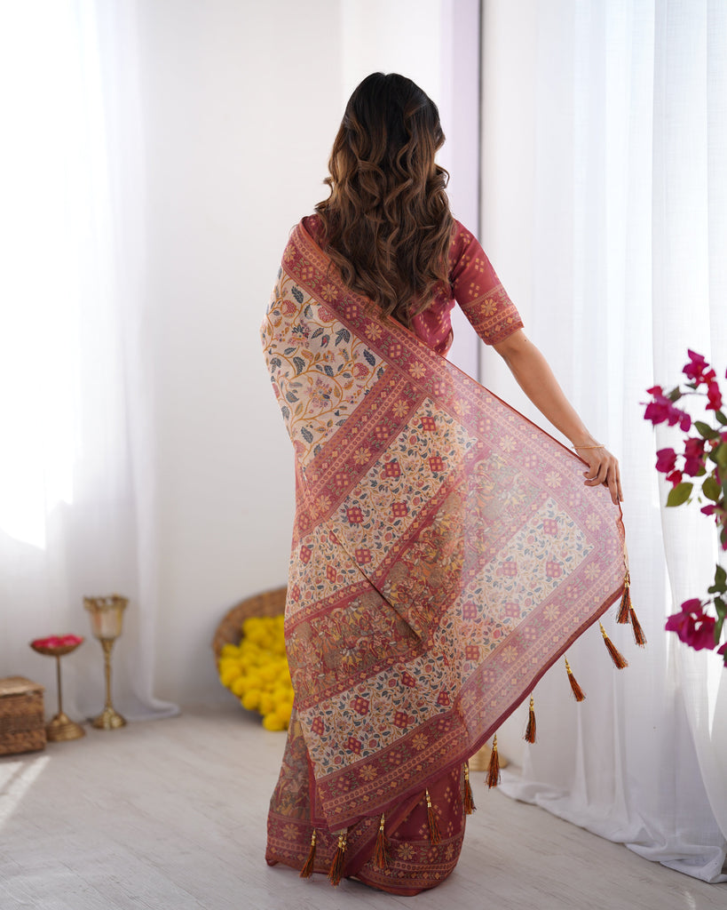 Handloom Beige Cotton Saree with Maroon Blouse, Pomegranate Floral Print & Village Tale Pallu LINEN HANDLOOM