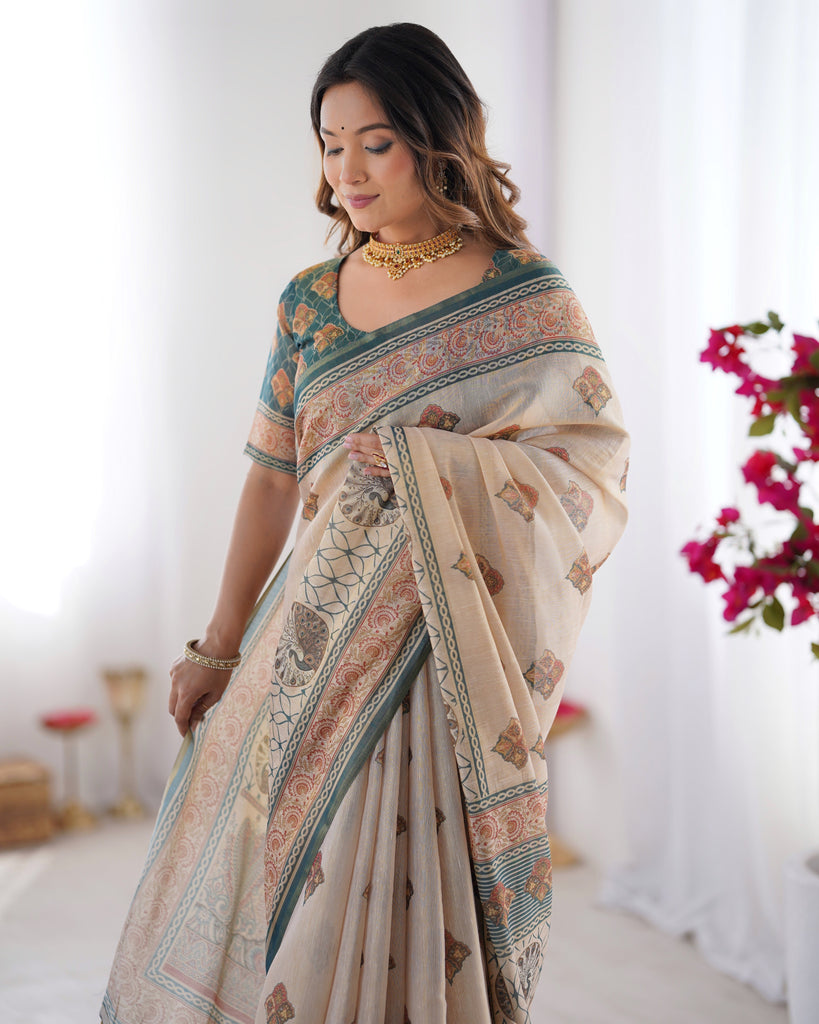 Ivory & Teal Handloom Cotton Saree with Buti Print, Mandala Motifs & Peacock Pallu LINEN HANDLOOM