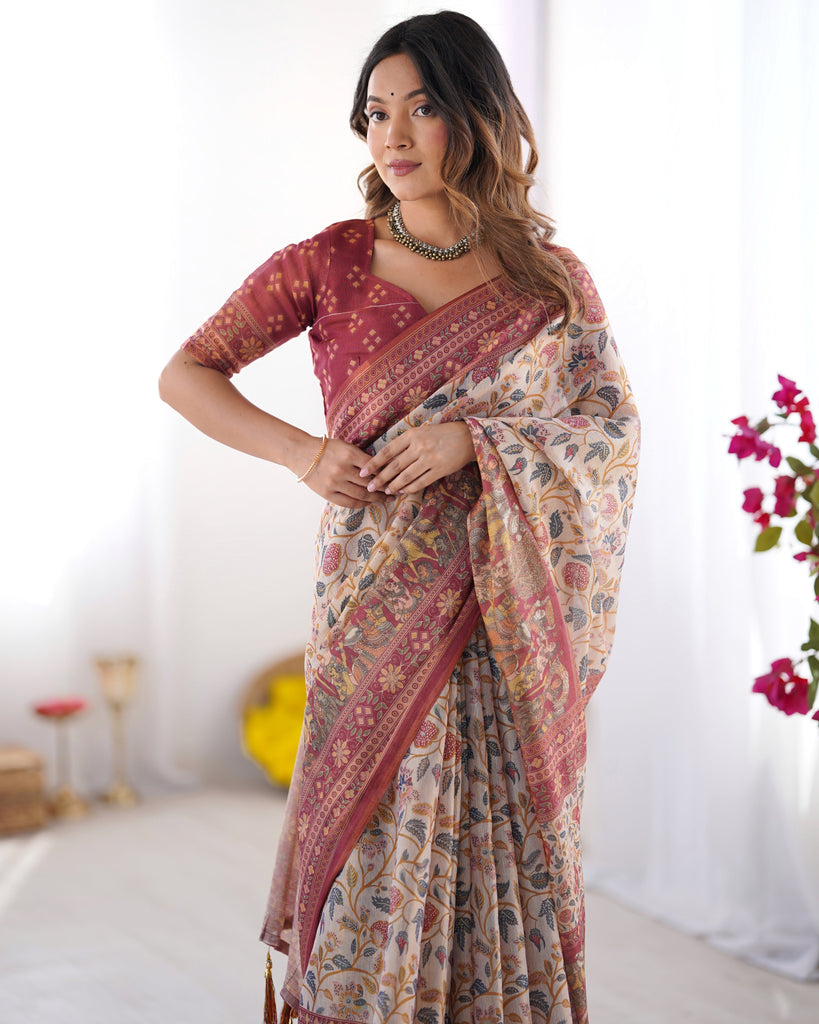 Handloom Beige Cotton Saree with Maroon Blouse, Pomegranate Floral Print & Village Tale Pallu LINEN HANDLOOM
