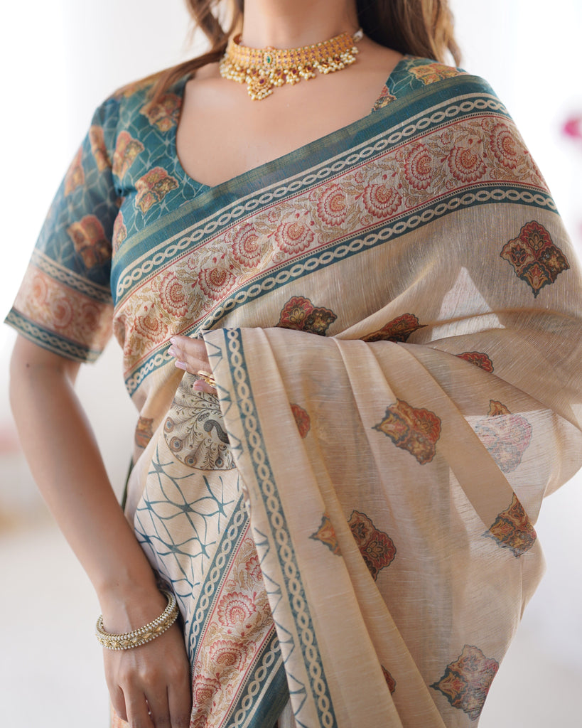Ivory & Teal Handloom Cotton Saree with Buti Print, Mandala Motifs & Peacock Pallu LINEN HANDLOOM