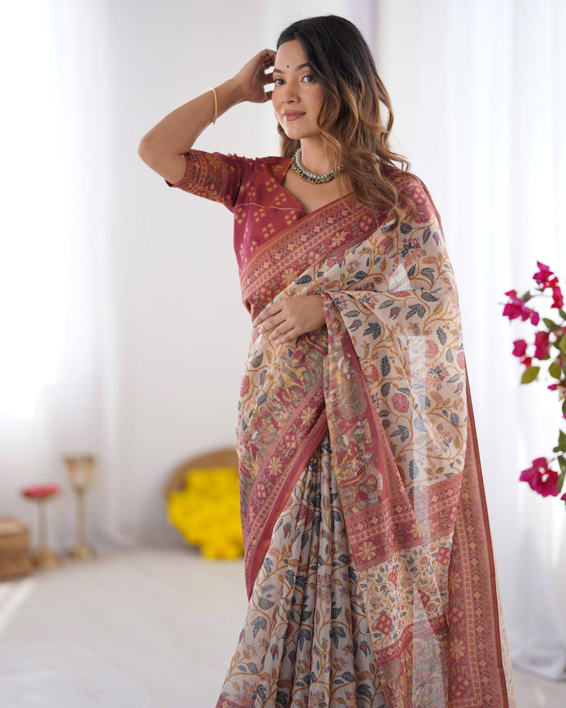 Handloom Beige Cotton Saree with Maroon Blouse, Pomegranate Floral Print & Village Tale Pallu LINEN HANDLOOM