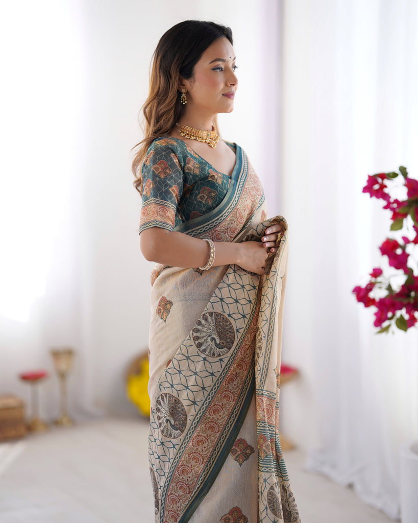 Ivory & Teal Handloom Cotton Saree with Buti Print, Mandala Motifs & Peacock Pallu LINEN HANDLOOM