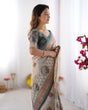 Load image into Gallery viewer, Ivory &amp; Teal Handloom Cotton Saree with Buti Print, Mandala Motifs &amp; Peacock Pallu LINEN HANDLOOM