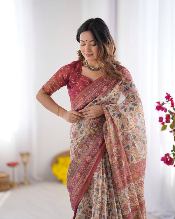 Handloom Beige Cotton Saree with Maroon Blouse, Pomegranate Floral Print & Village Tale Pallu LINEN HANDLOOM