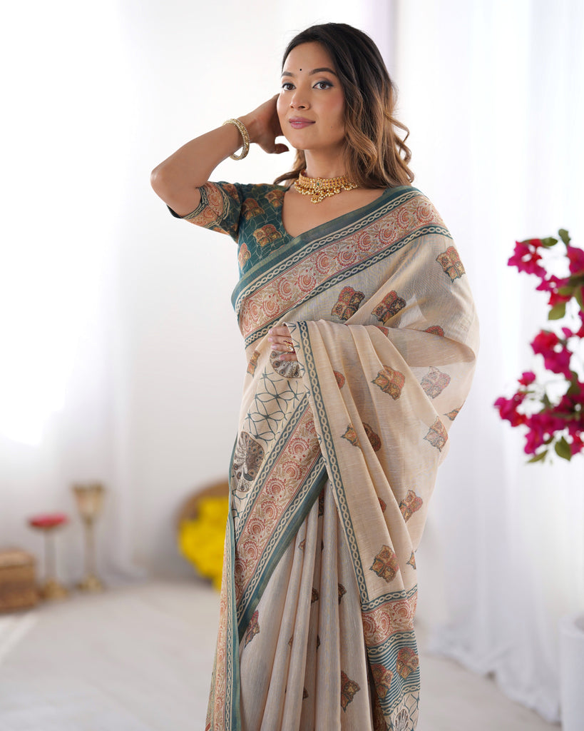 Ivory & Teal Handloom Cotton Saree with Buti Print, Mandala Motifs & Peacock Pallu LINEN HANDLOOM