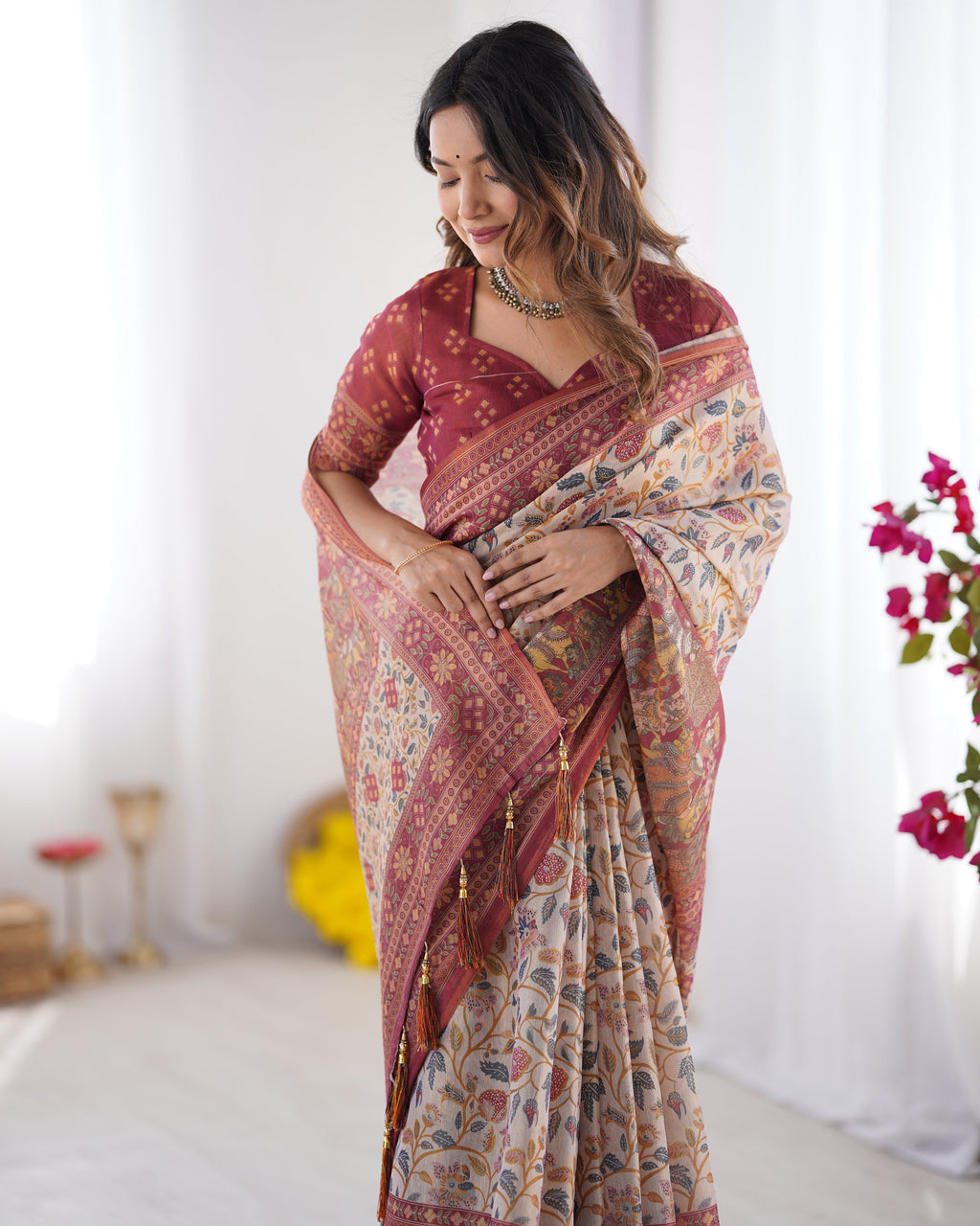 Handloom Beige Cotton Saree with Maroon Blouse, Pomegranate Floral Print & Village Tale Pallu LINEN HANDLOOM
