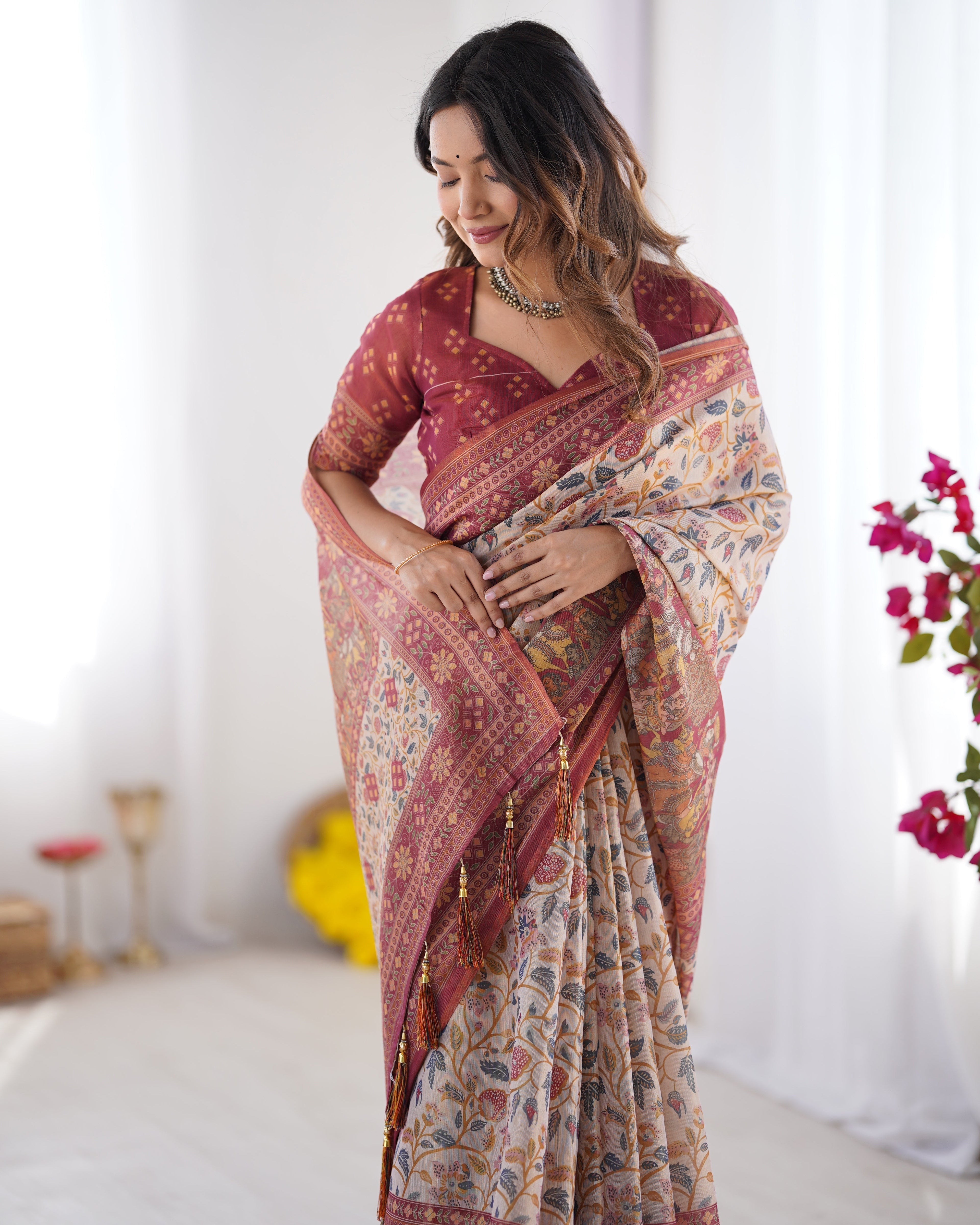 Handloom Beige Cotton Saree with Maroon Blouse, Pomegranate Floral Print & Village Tale Pallu LINEN HANDLOOM