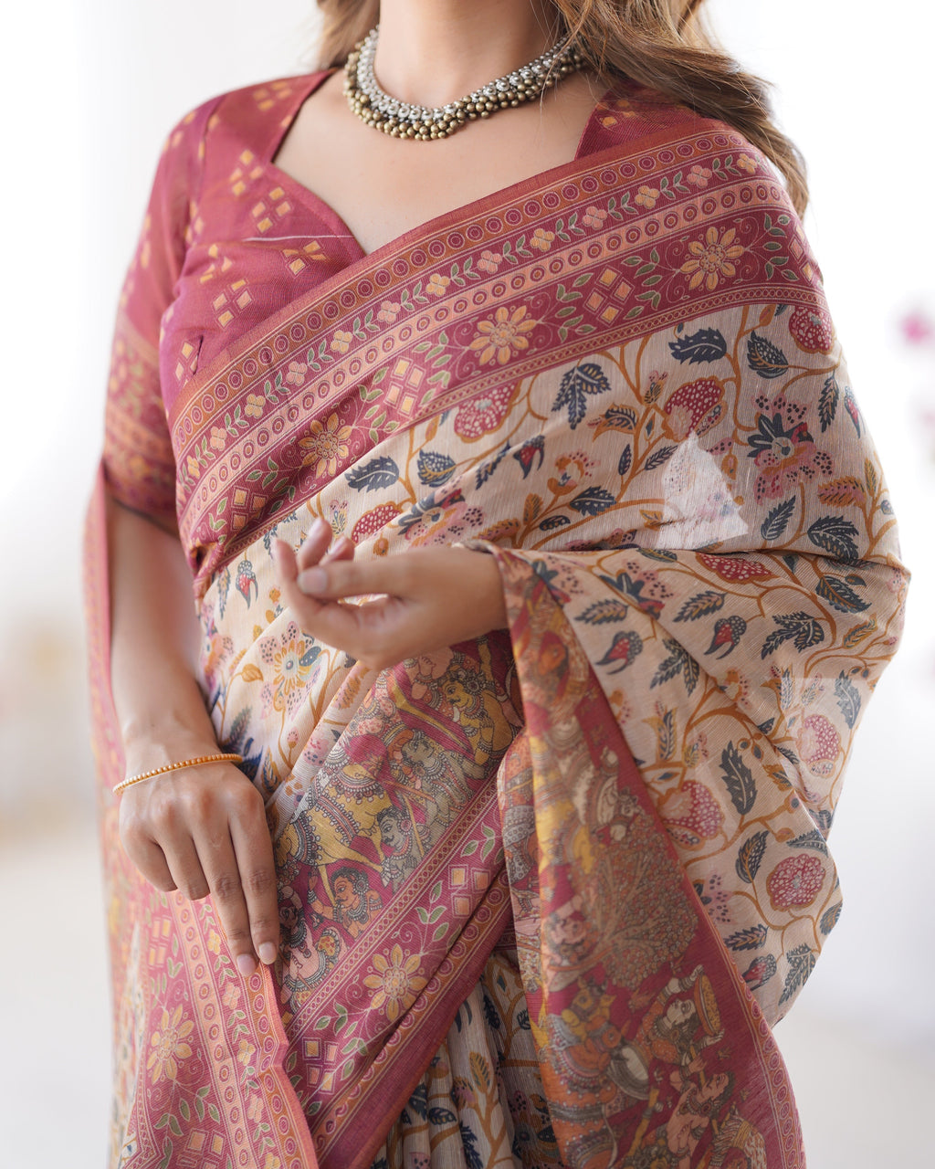 Handloom Beige Cotton Saree with Maroon Blouse, Pomegranate Floral Print & Village Tale Pallu LINEN HANDLOOM