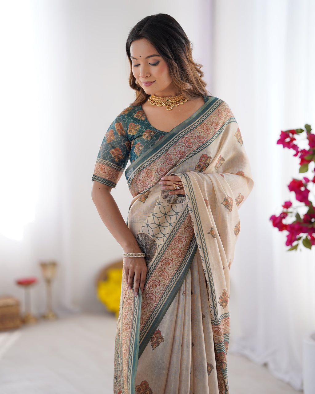 Ivory & Teal Handloom Cotton Saree with Buti Print, Mandala Motifs & Peacock Pallu LINEN HANDLOOM