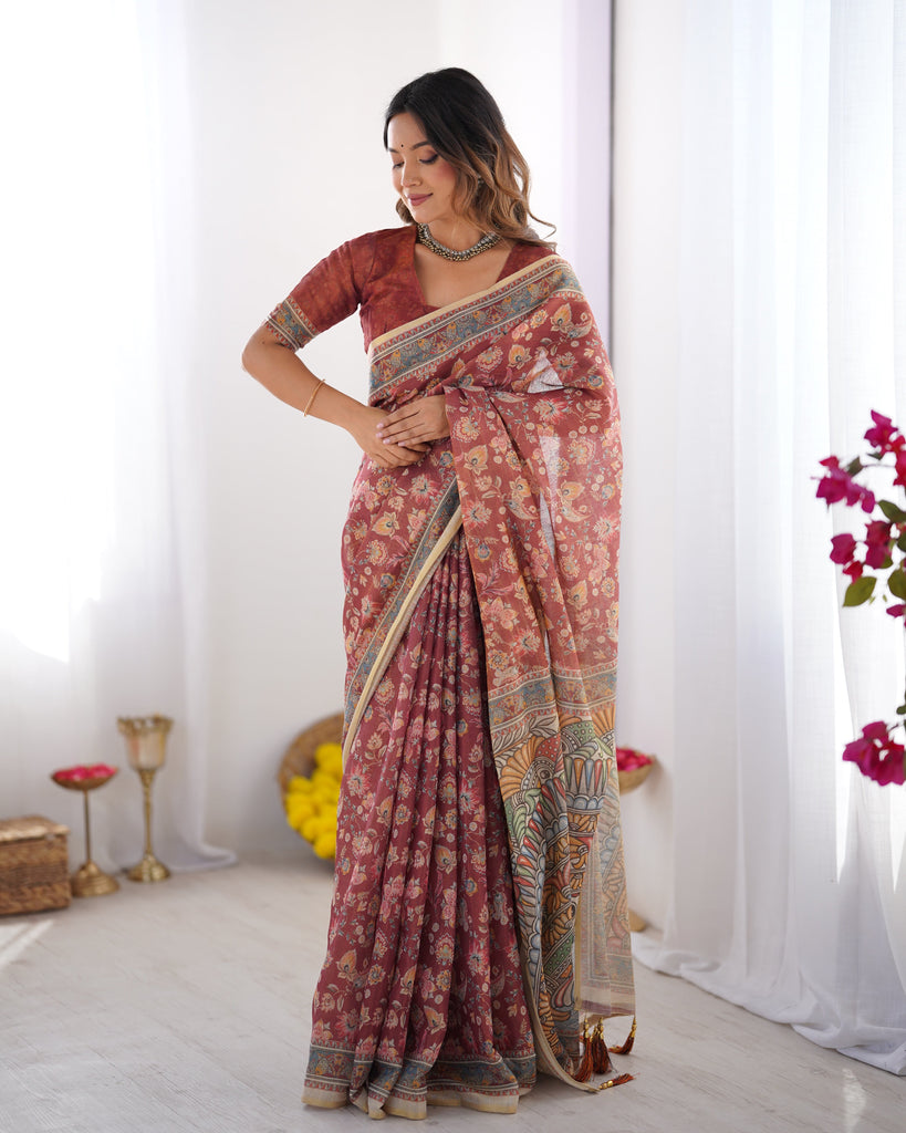 Rust Maroon Handloom Cotton Saree with Floral Jaal & Multicolor Mandala Pallu Art LINEN HANDLOOM