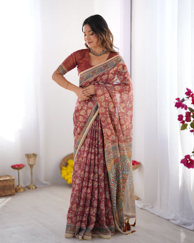 Rust Maroon Handloom Cotton Saree with Floral Jaal & Multicolor Mandala Pallu Art LINEN HANDLOOM