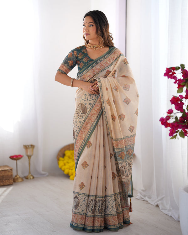 Ivory & Teal Handloom Cotton Saree with Buti Print, Mandala Motifs & Peacock Pallu LINEN HANDLOOM