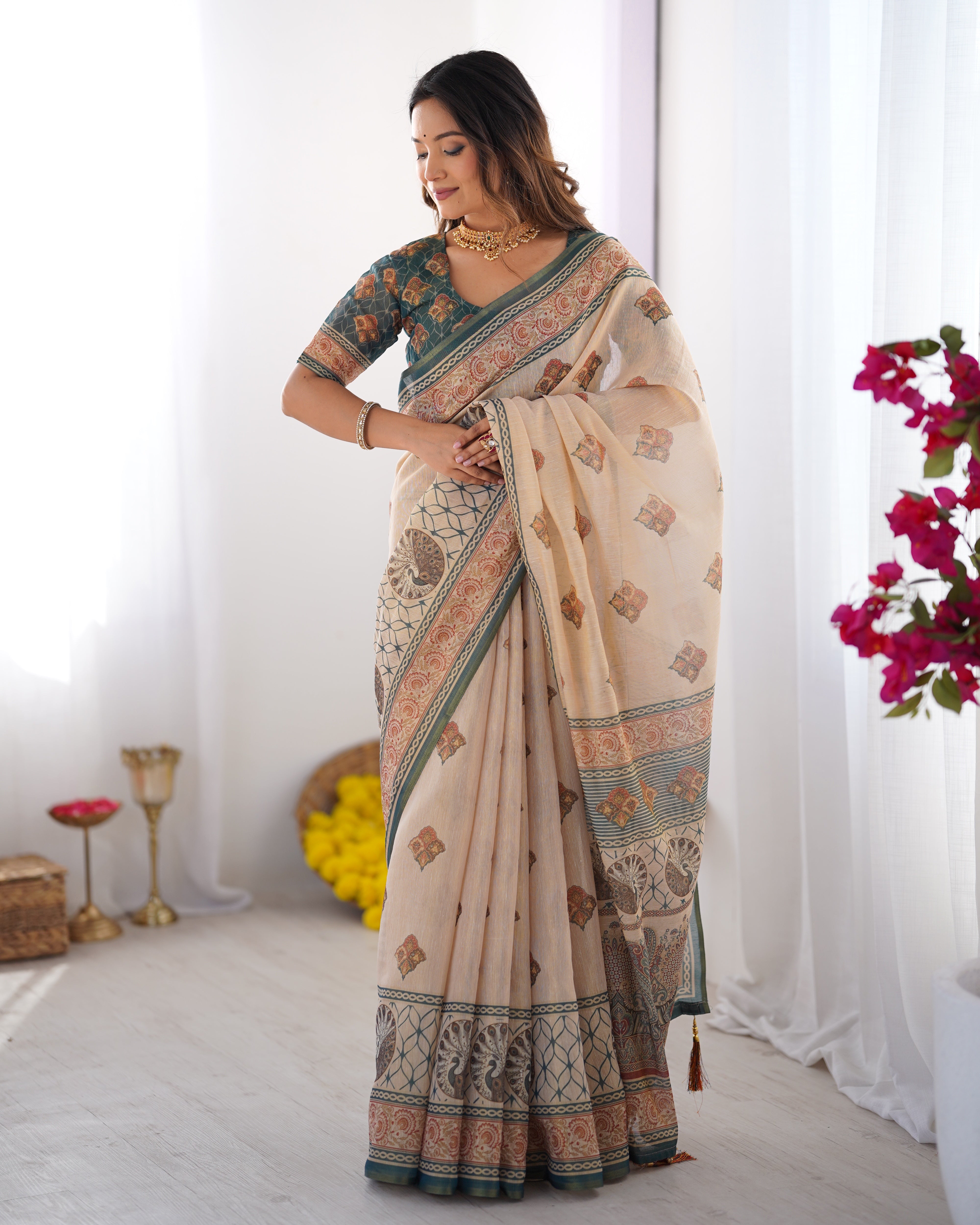 Ivory & Teal Handloom Cotton Saree with Buti Print, Mandala Motifs & Peacock Pallu Secondary image