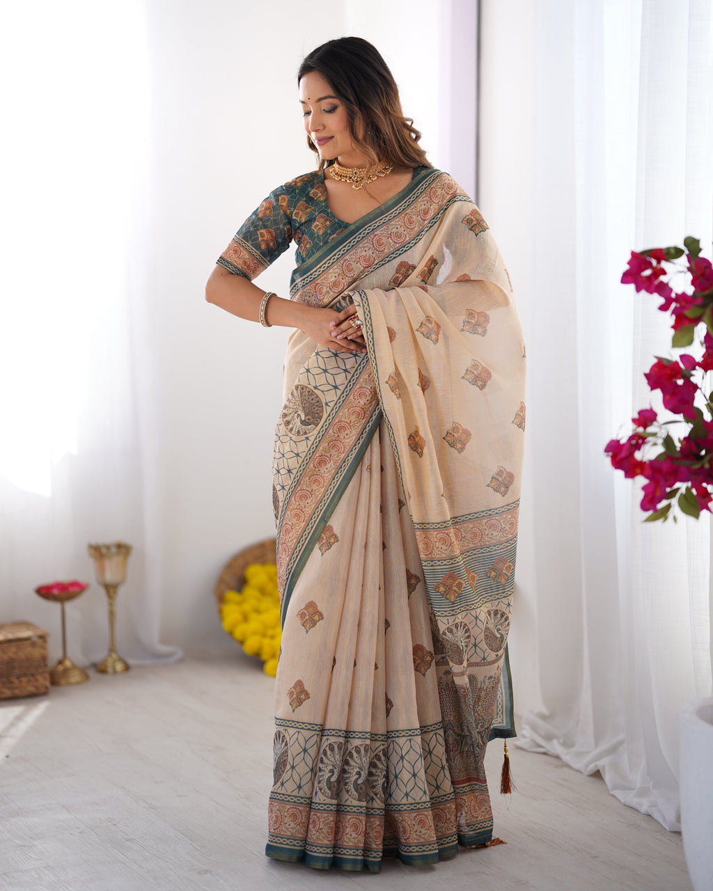 Ivory & Teal Handloom Cotton Saree with Buti Print, Mandala Motifs & Peacock Pallu LINEN HANDLOOM