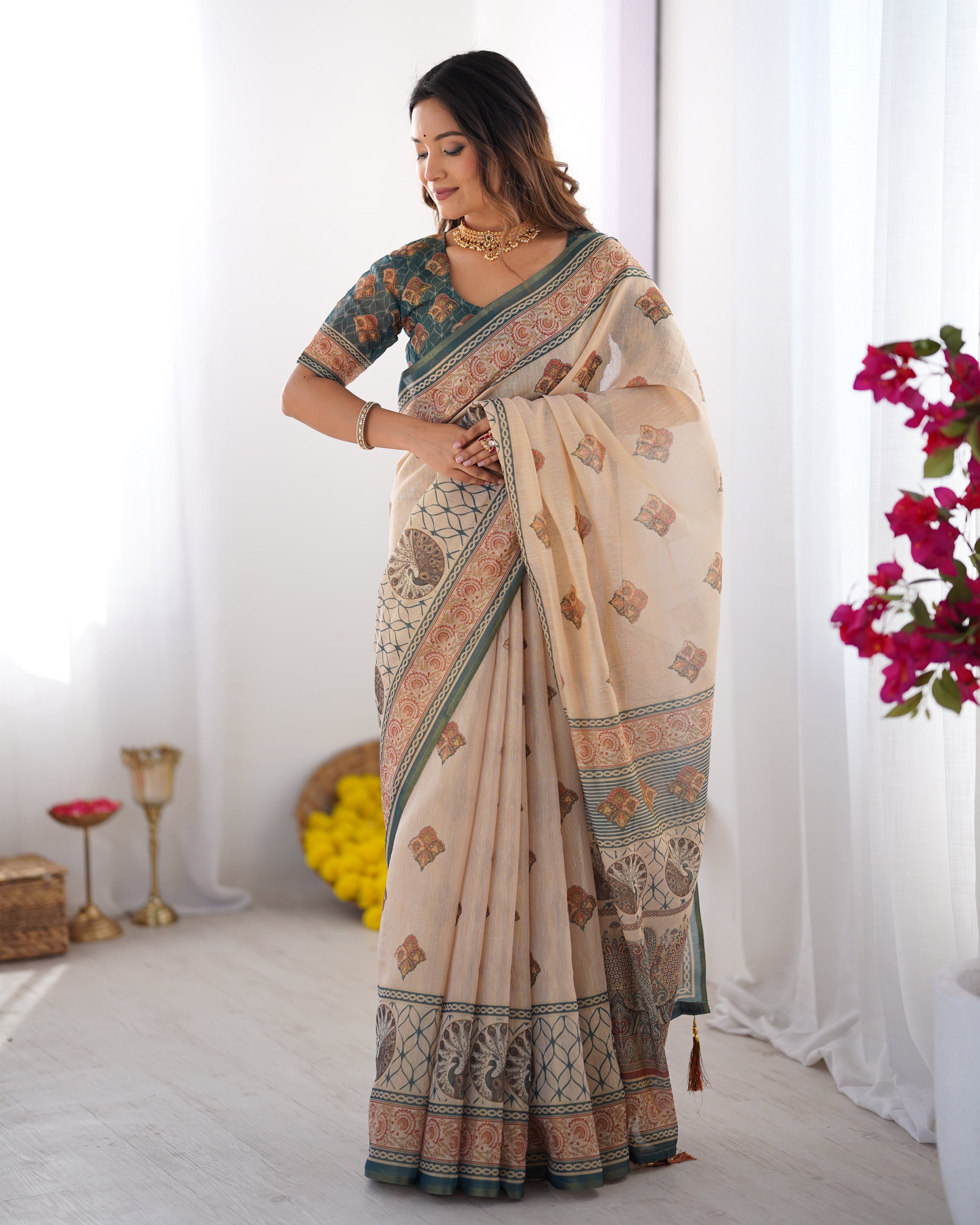 Ivory & Teal Handloom Cotton Saree with Buti Print, Mandala Motifs & Peacock Pallu LINEN HANDLOOM