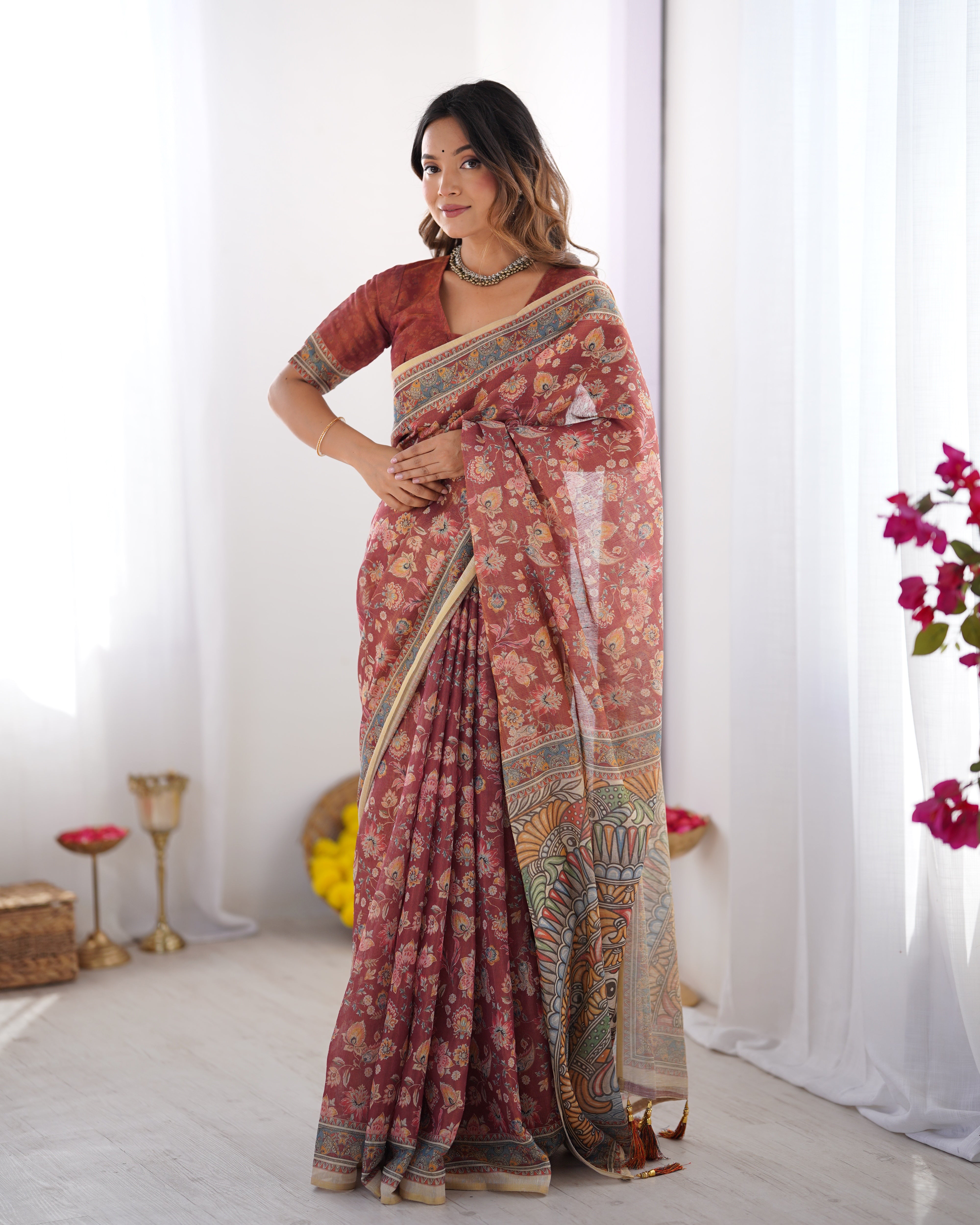 Rust Maroon Handloom Cotton Saree with Floral Jaal & Multicolor Mandala Pallu Art LINEN HANDLOOM Main image